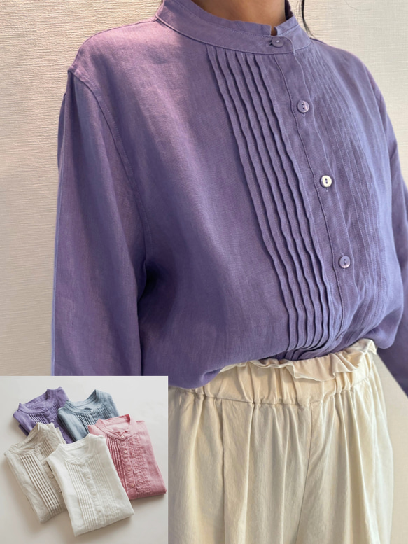 大人気【5color リネン100% フロントプリーツ 】着回し抜群 スタンドカラー 長袖 シャツ T-00067 9枚目の画像