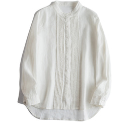 大人気【5color リネン100% フロントプリーツ 】着回し抜群 スタンドカラー 長袖 シャツ T-00067 4枚目の画像