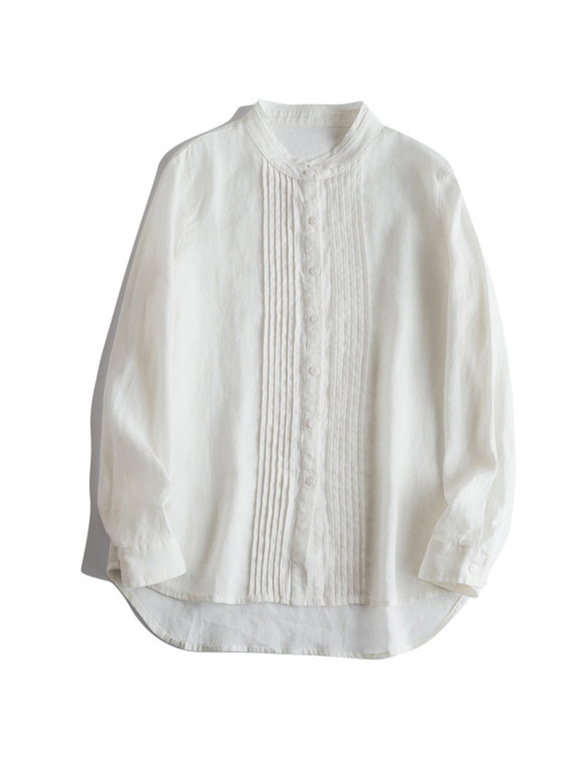 大人気【5color リネン100% フロントプリーツ 】着回し抜群 スタンドカラー 長袖 シャツ T-00067 4枚目の画像