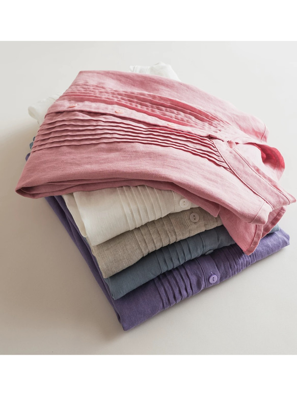 大人気【5color リネン100% フロントプリーツ 】着回し抜群 スタンドカラー 長袖 シャツ T-00067 12枚目の画像