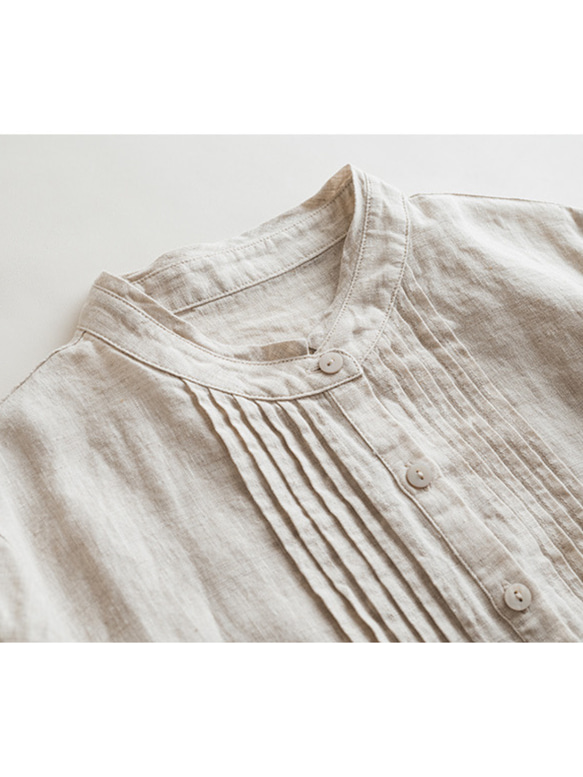 大人気【5color リネン100% フロントプリーツ 】着回し抜群 スタンドカラー 長袖 シャツ T-00067 13枚目の画像