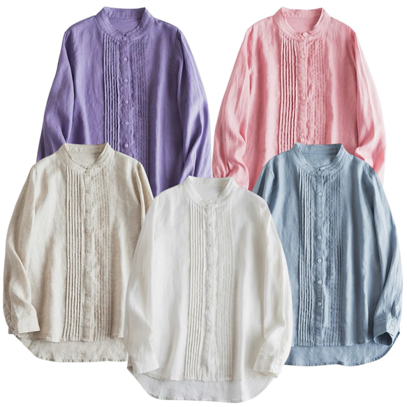 大人気【5color リネン100% フロントプリーツ 】着回し抜群 スタンドカラー 長袖 シャツ T-00067 1枚目の画像