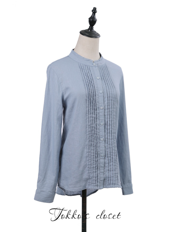 大人気【5color リネン100% フロントプリーツ 】着回し抜群 スタンドカラー 長袖 シャツ T-00067 16枚目の画像