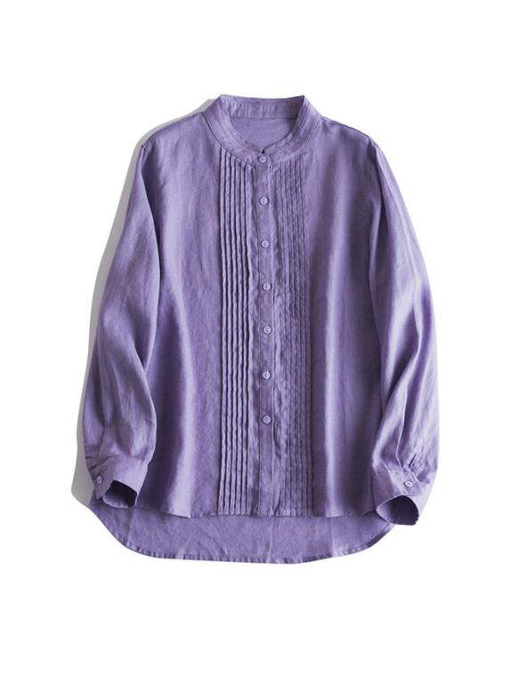 大人気【5color リネン100% フロントプリーツ 】着回し抜群 スタンドカラー 長袖 シャツ T-00067 7枚目の画像