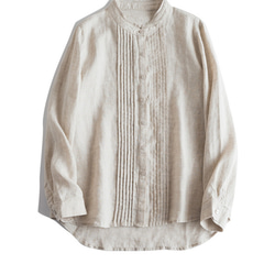 大人気【5color リネン100% フロントプリーツ 】着回し抜群 スタンドカラー 長袖 シャツ T-00067 3枚目の画像