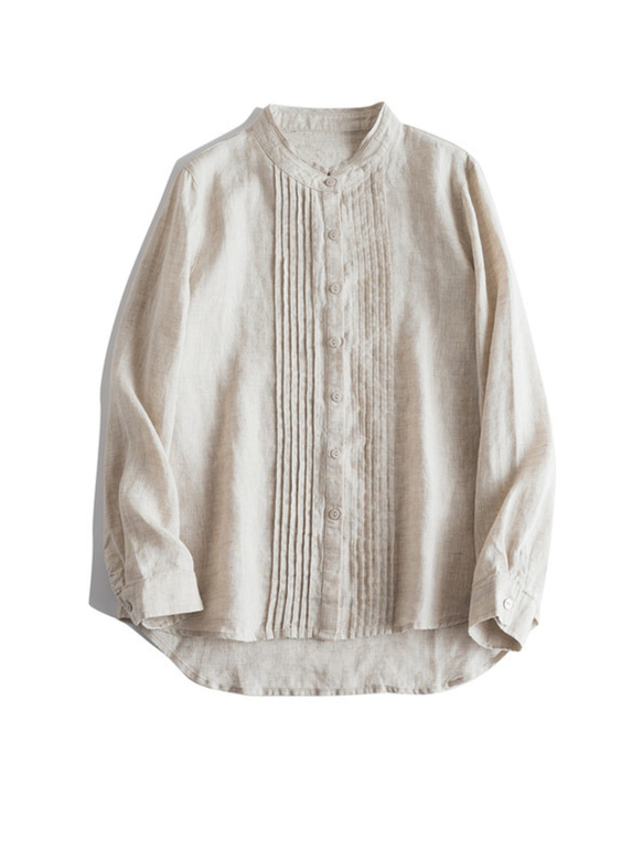 大人気【5color リネン100% フロントプリーツ 】着回し抜群 スタンドカラー 長袖 シャツ T-00067 3枚目の画像