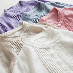 大人気【5color リネン100% フロントプリーツ 】着回し抜群 スタンドカラー 長袖 シャツ T-00067 11枚目の画像