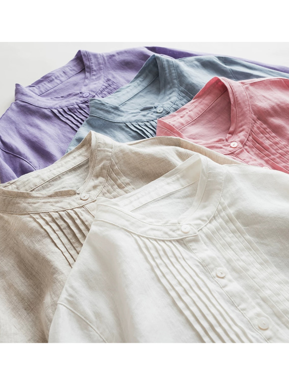 大人気【5color リネン100% フロントプリーツ 】着回し抜群 スタンドカラー 長袖 シャツ T-00067 11枚目の画像