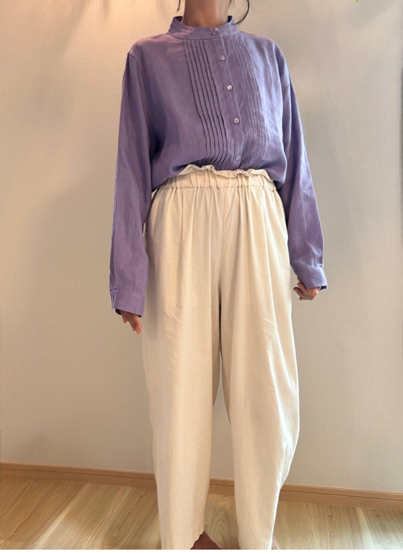 大人気【5color リネン100% フロントプリーツ 】着回し抜群 スタンドカラー 長袖 シャツ T-00067 10枚目の画像