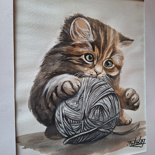 水彩画 毛糸玉と戯れる子猫 絵画 makochin 通販 18150065
