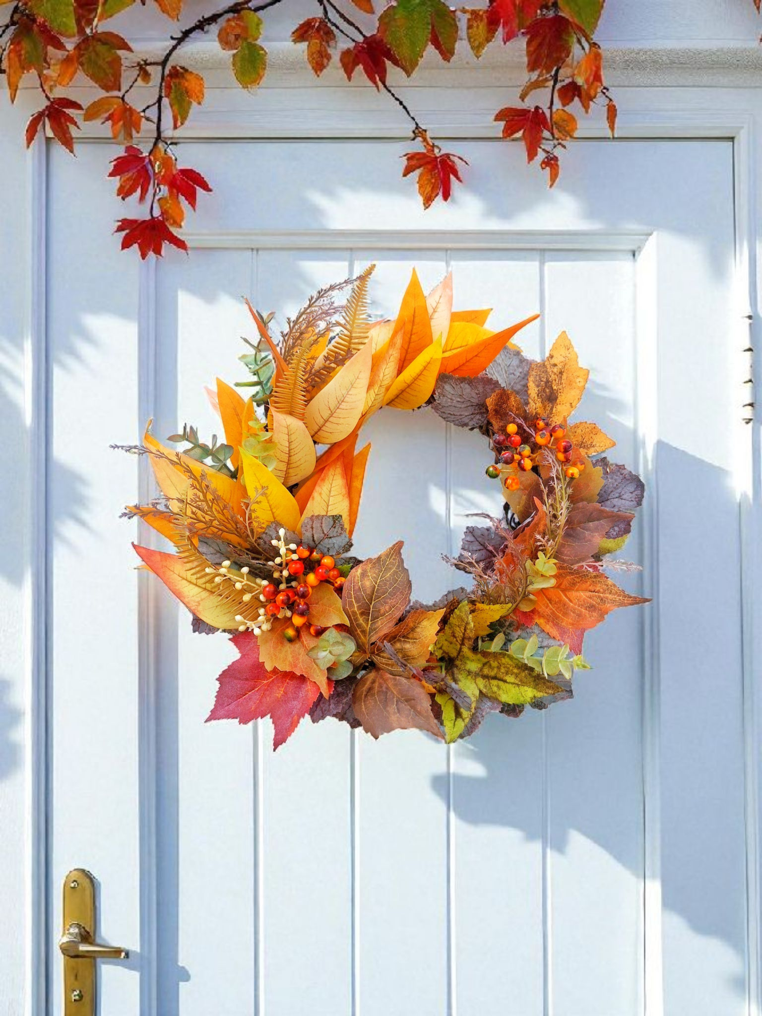 秋色リーフとベリーのナチュラルリース/秋リース/玄関•屋外リース/アーティフィシャルフラワー/リース箱無料