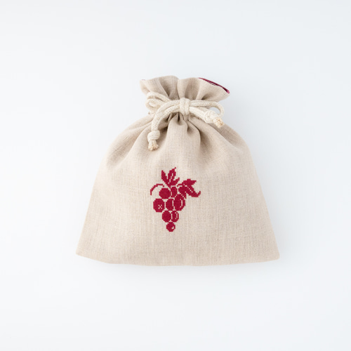 【美品】mizutani douguten リネン巾着袋 花刺繍 秋の味覚ぶどう刺繍のリネン巾着 クロスステッチ 巾着袋 NJUTA