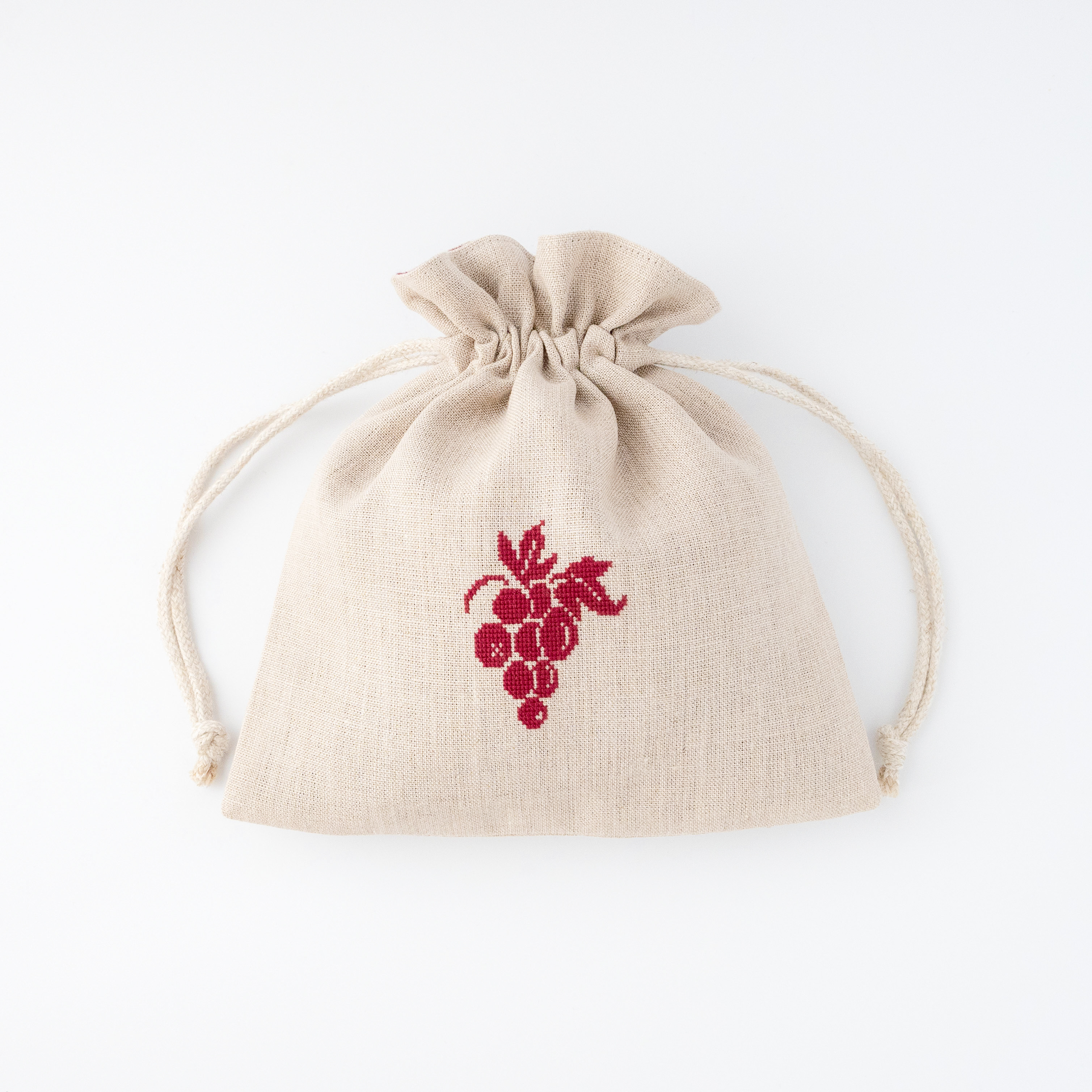 秋の味覚ぶどう刺繍のリネン巾着 クロスステッチ 巾着袋 NJUTA