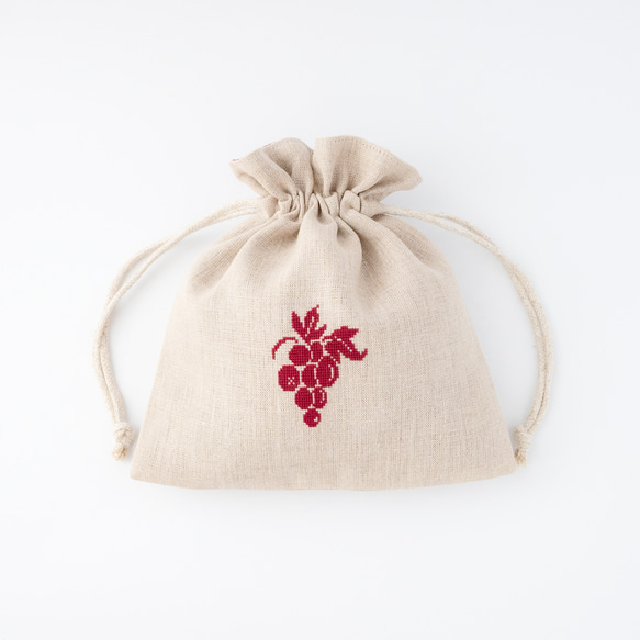 【美品】mizutani douguten リネン巾着袋 花刺繍 秋の味覚ぶどう刺繍のリネン巾着 クロスステッチ 巾着袋 NJUTA