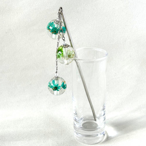 かんざし ドライフラワーの水中花 グリーン系3連 緑 抹茶 一本挿し 一 