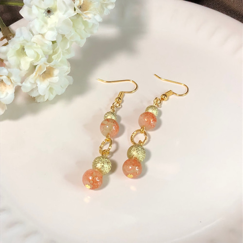 ガラスビーズ ロング ピアス ゴールド ハンドメイド 春 夏 秋 冬