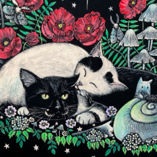 ねこつむり恋人達の休息」F8サイズ アート作品 原画 徳島洋子