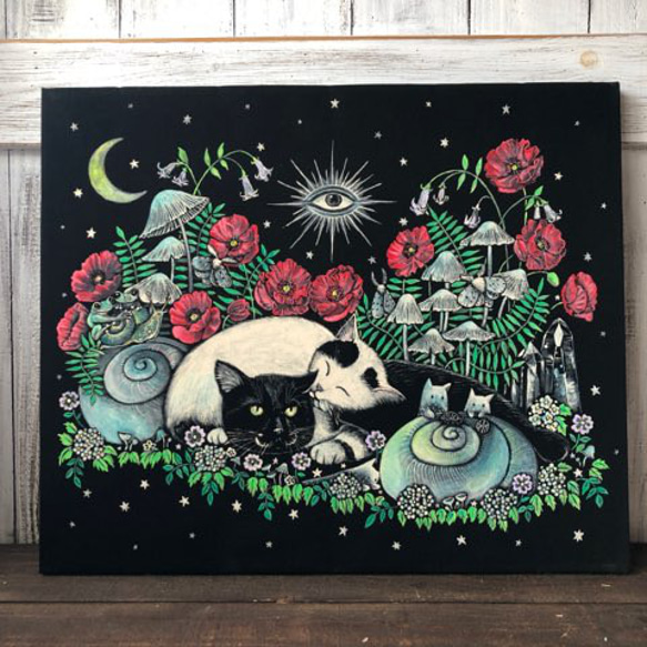 ねこつむり恋人達の休息」F8サイズ アート作品 原画 徳島洋子作品