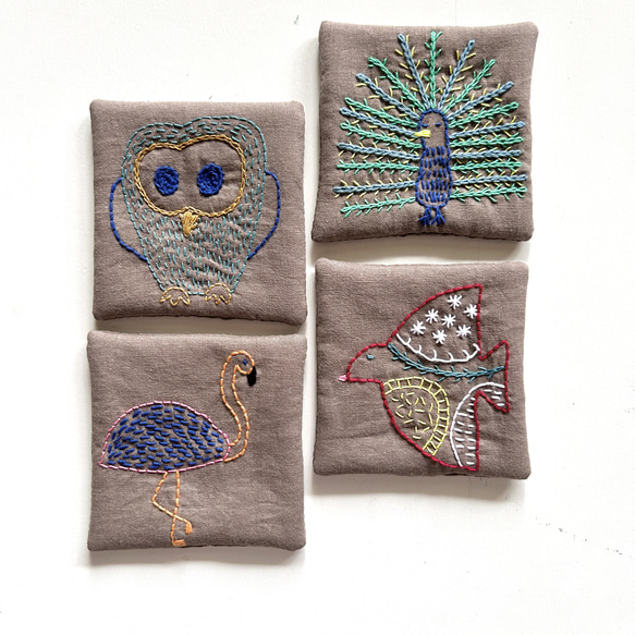 新作⭐︎鳥デザイン刺繍　コットンリネンコースター　1枚ずつ 3枚目の画像