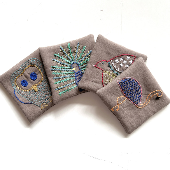 新作⭐︎鳥デザイン刺繍　コットンリネンコースター　1枚ずつ 9枚目の画像