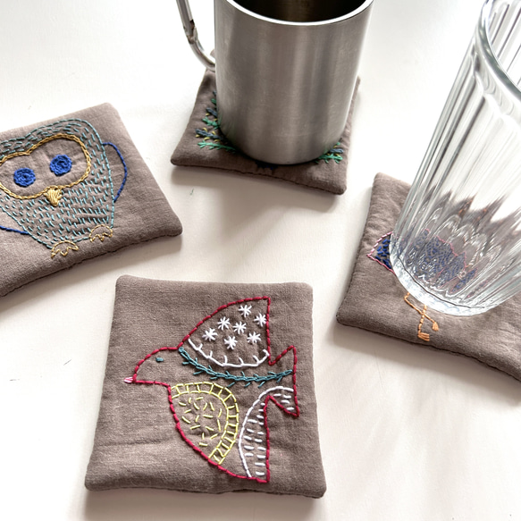 新作⭐︎鳥デザイン刺繍　コットンリネンコースター　1枚ずつ 4枚目の画像
