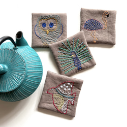 新作⭐︎鳥デザイン刺繍　コットンリネンコースター　1枚ずつ 2枚目の画像