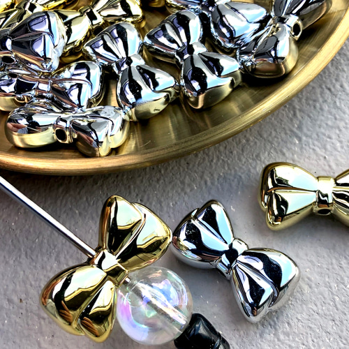 カスタムボールペン 4個/リボンビーズ スペーサー ゴールド シルバー