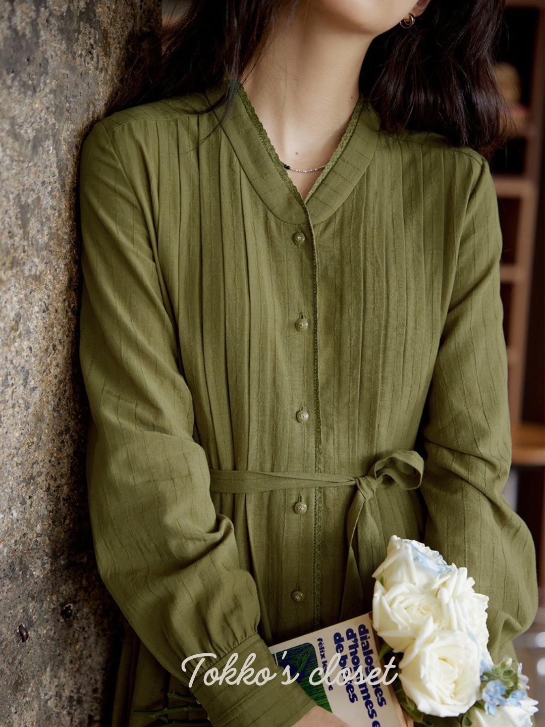 【レース シャツワンピース 】セージグリーン アンティークボタン フロントタック 二次会 お出かけ T-00069