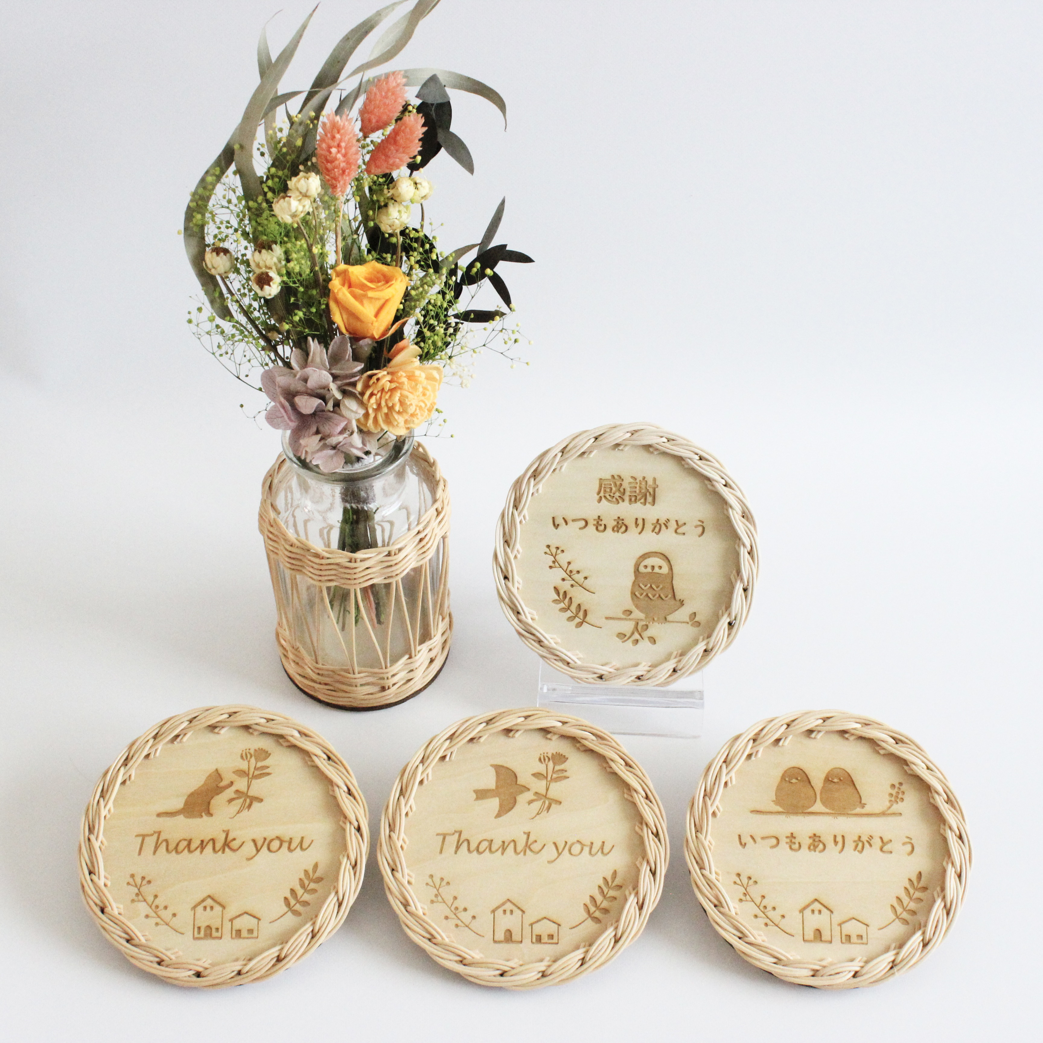 【お得な福袋】ドライフラワーブーケ、ラタンのフラワーベース、文字入りコースターの選べるギフトセット♪
