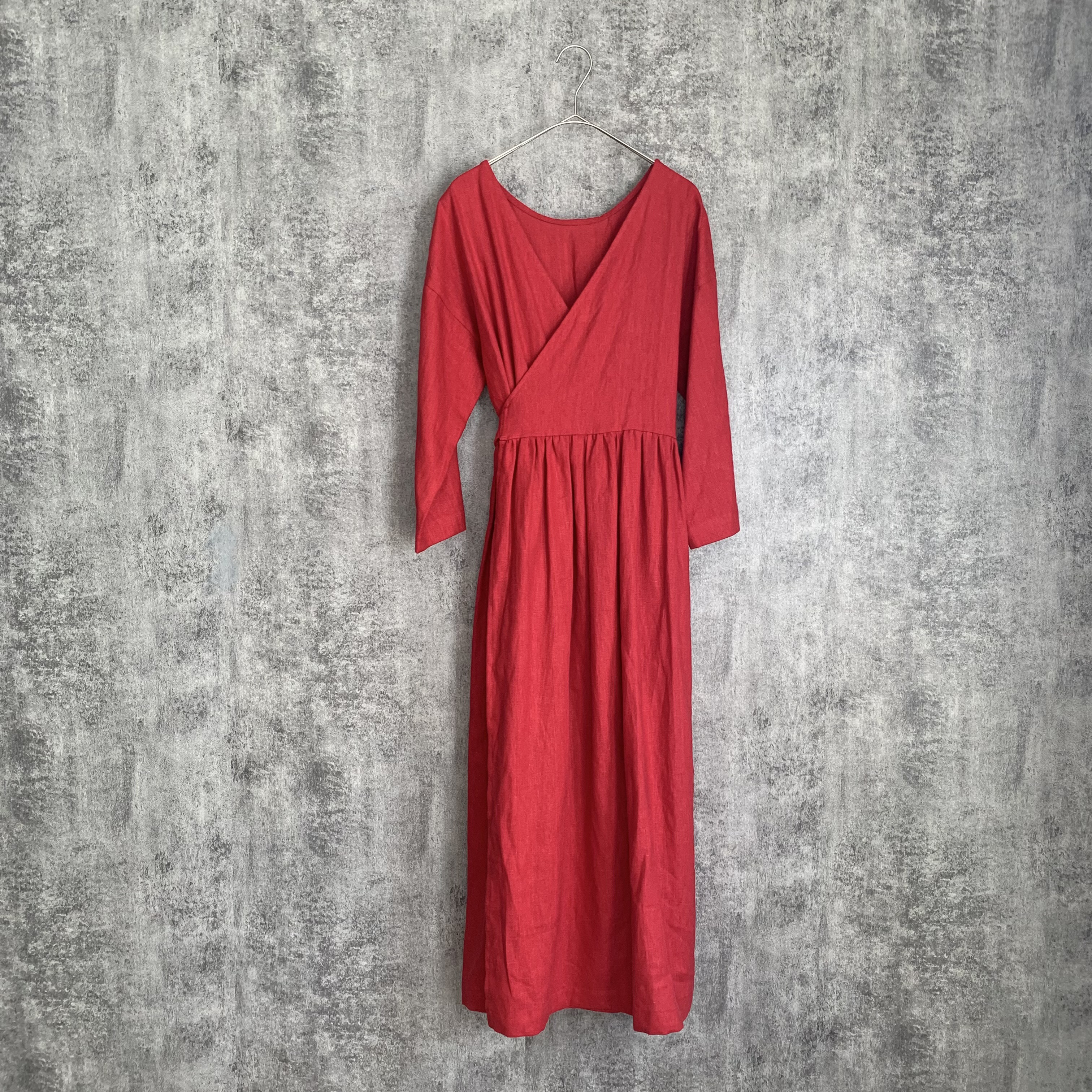 リネン 2wayカシュクールワンピース 赤　Linen Cache-Coeur Dress