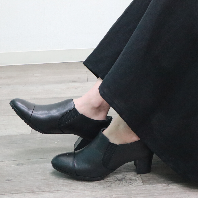 【天然皮革】Wサイドゴア・幅広ブーティパンプス EEE