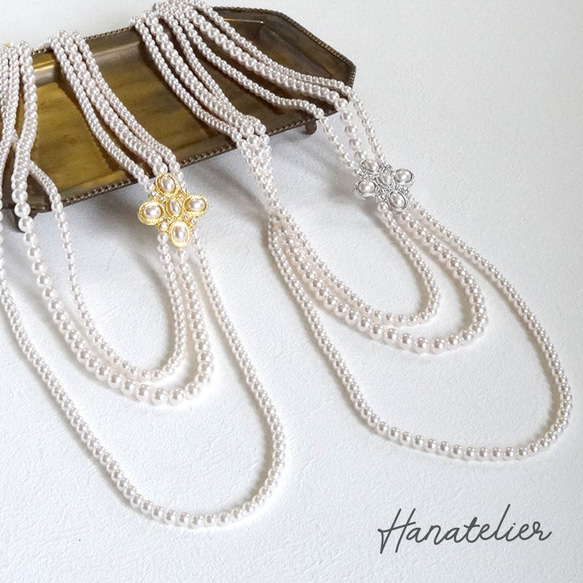 クラシカル・パールlモチーフ付き3連ロングパールネックレス【nec024