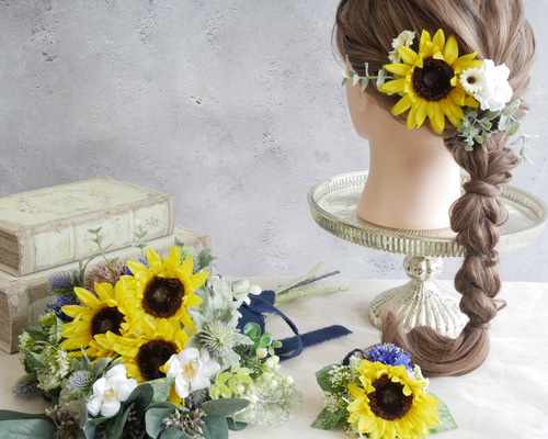 ウェディングブーケ(イエローベース) ※ブートニア、ヘアアクセ付き ウェディングブーケ】イエロー&グレー ポピーのクラッチブーケ