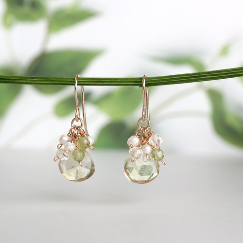 14kgf レモンクォーツ × ペリドット ブーケ ピアス *イヤリング ピアス