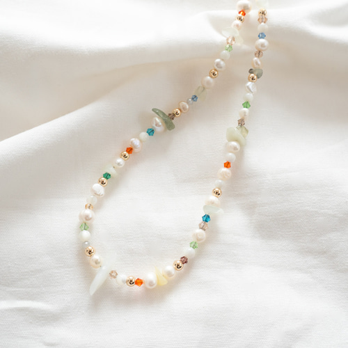 一点もの】カラフルビーズ/天然石と淡水パールのネックレス/リゾート