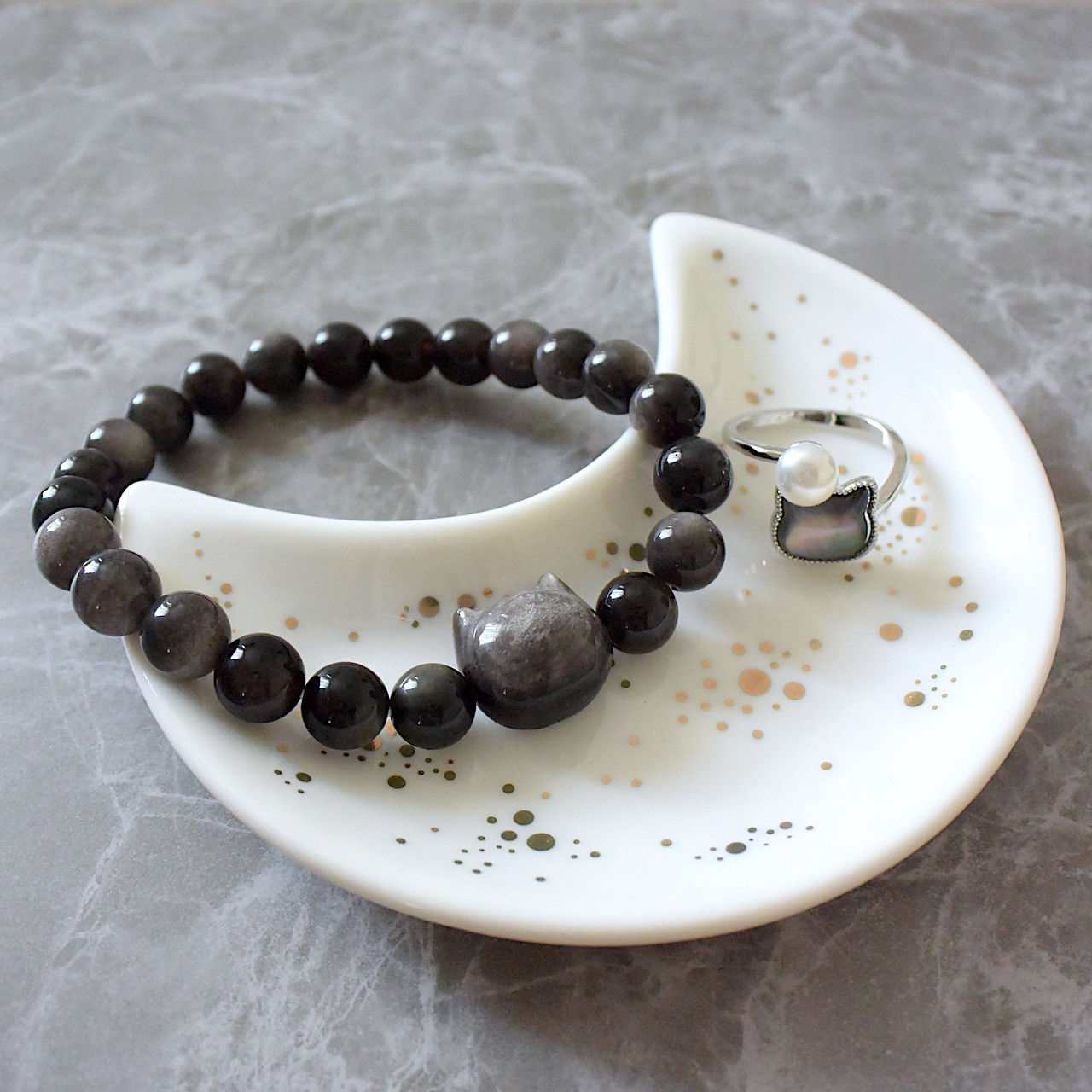【Creema限定】黒猫の黒曜石ブレスレットとシェル＋淡水パールのフォークリングセット