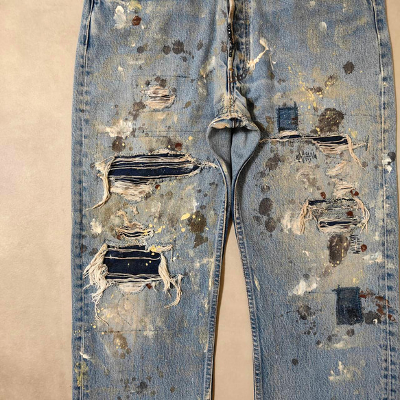 W36表記 リペアカスタム usa製 リーバイス 501 リメイクデニム ビンテージジーンズ グランジデニム ダメージ 