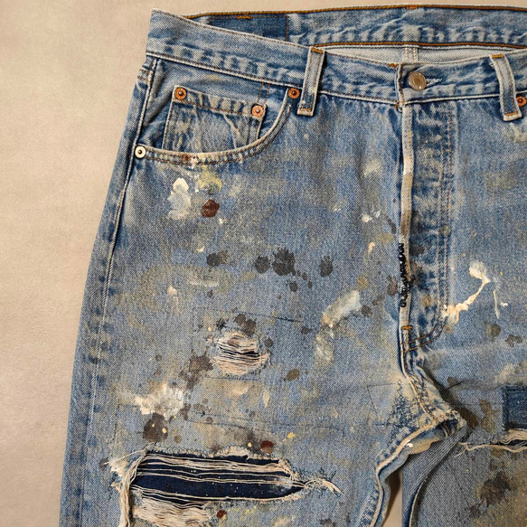 W36表記 リペアカスタム usa製 リーバイス 501 リメイクデニム ビンテージジーンズ グランジデニム ダメージ 