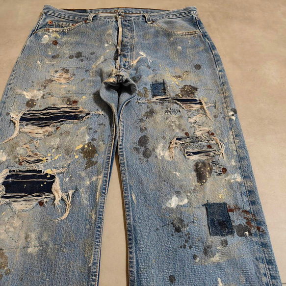 W36表記 リペアカスタム usa製 リーバイス 501 リメイクデニム ビンテージジーンズ グランジデニム ダメージ 