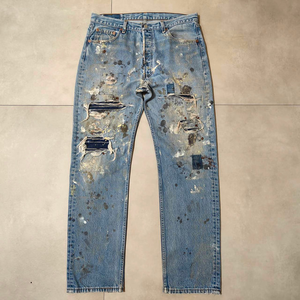 W36表記 リペアカスタム usa製 リーバイス 501 リメイクデニム ビンテージジーンズ グランジデニム ダメージ 