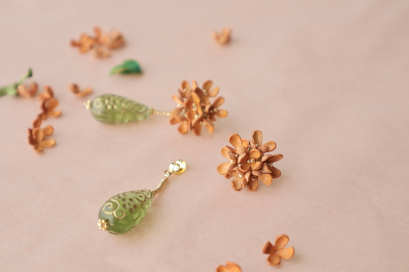 金木犀(キンモクセイ)と雫*秋の2way革花スタッドピアス･イヤリング/オレンジ/9月10月の花/2024 9枚目の画像