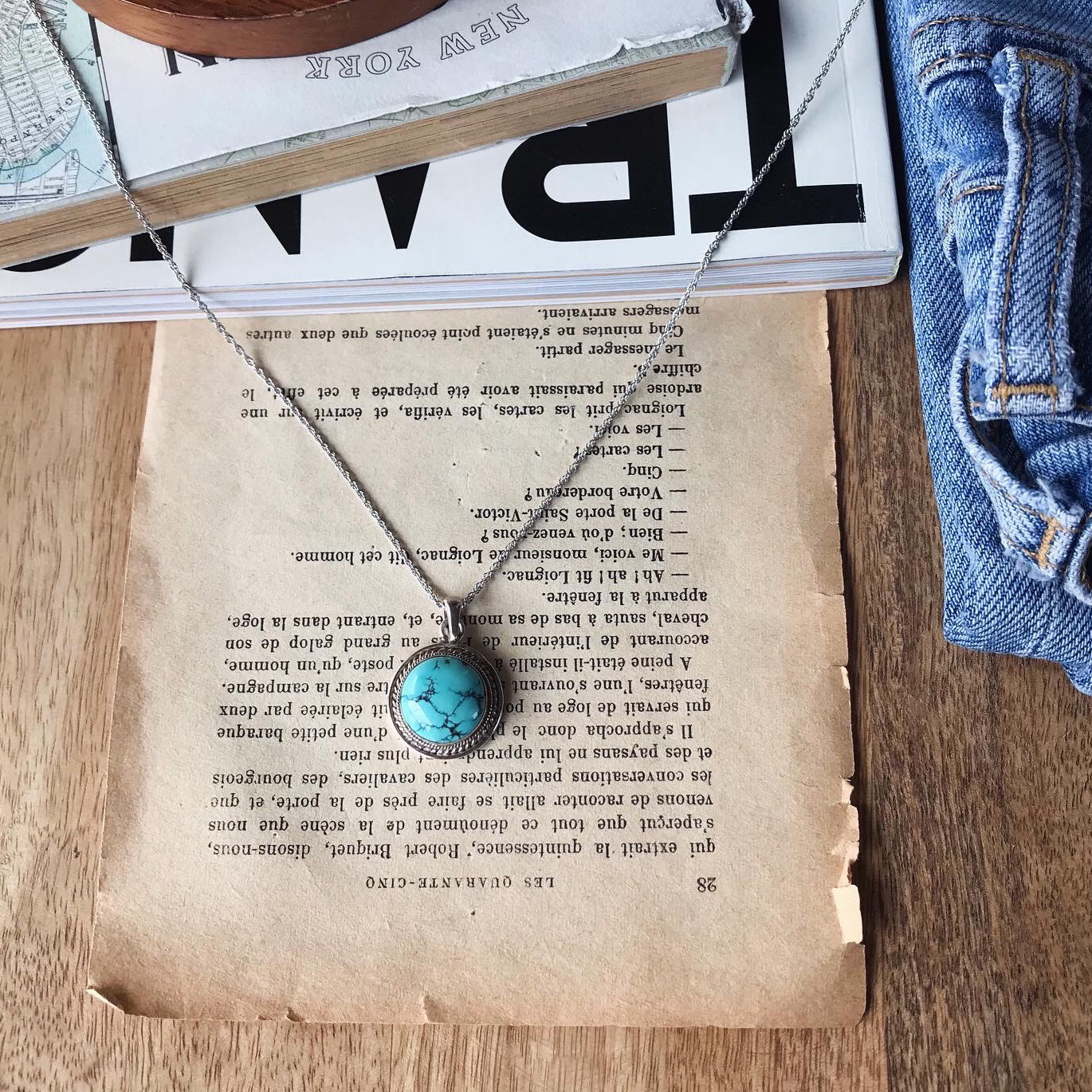 ターコイズの古着風オシャレロングsilverネックレスNo.2♡