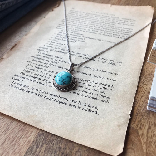 ターコイズの古着風オシャレロングsilverネックレスNo.2♡ ネックレス