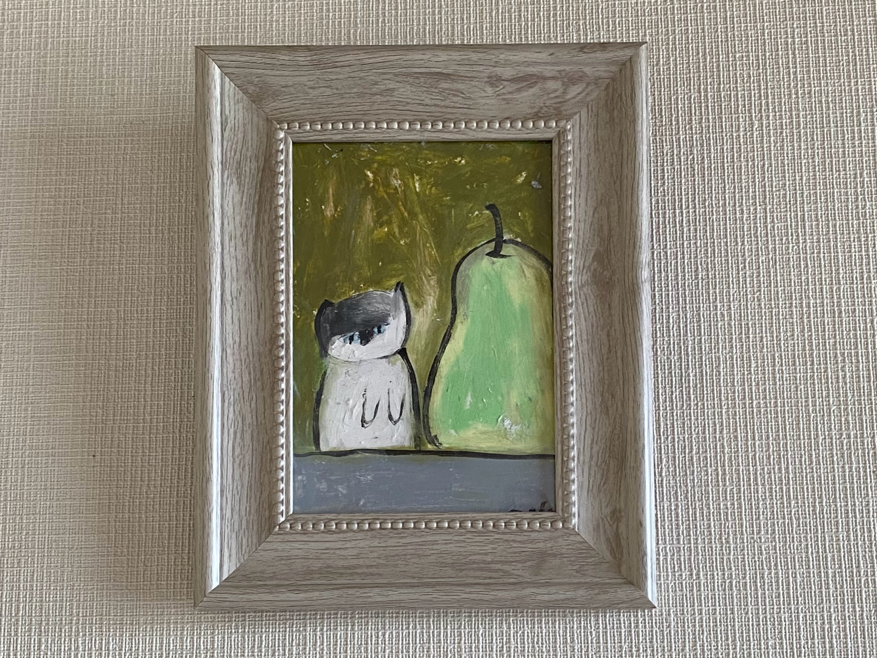 絵画。原画【かわいい猫ちゃんは緑の梨が好きです】