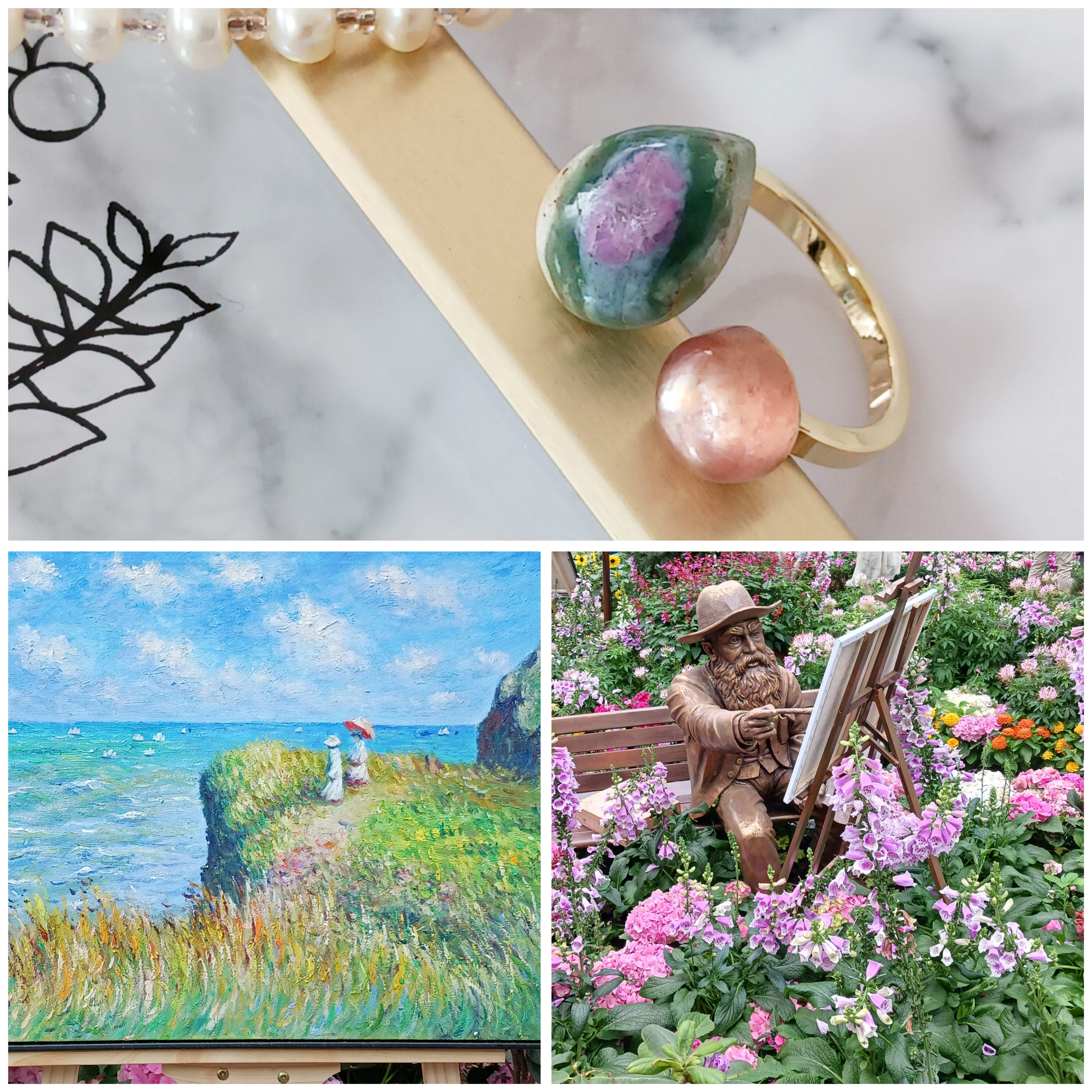 【絵画リング　モネ】天然石フォークリング　ルビーインフックサイト　レピドライト　オープンリング　フリーサイズ