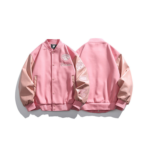 秋冬新作 メンズ ピンク バッジベースボールジャケット 無地 男