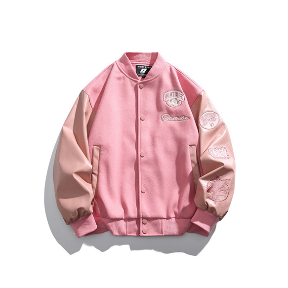 秋冬新作 メンズ ピンク バッジベースボールジャケット 無地 男