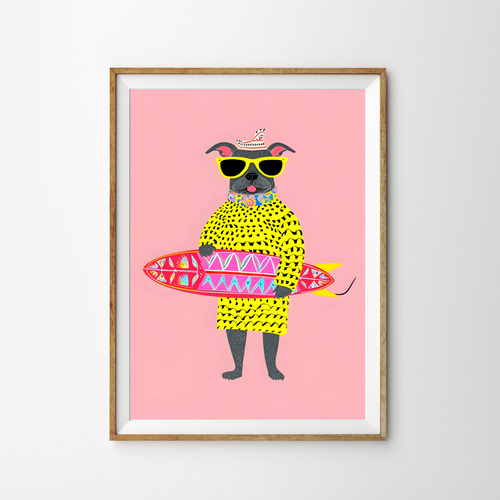 サーフドッグポスター | おしゃれでポップなインテリアアート | 犬