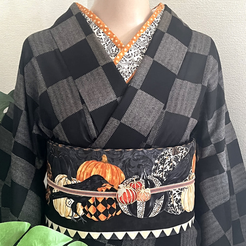 ハロウィン」長尺リバーシブル半幅帯 輸入生地 和装小物（帯・半襟