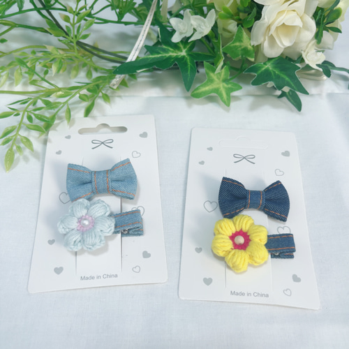 ¨̮お花モチーフ×デニムリボンのヘアゴム　プレゼント付き☆ ̮お花モチーフ×デニムリボンのヘアゴム プレゼント付き☆